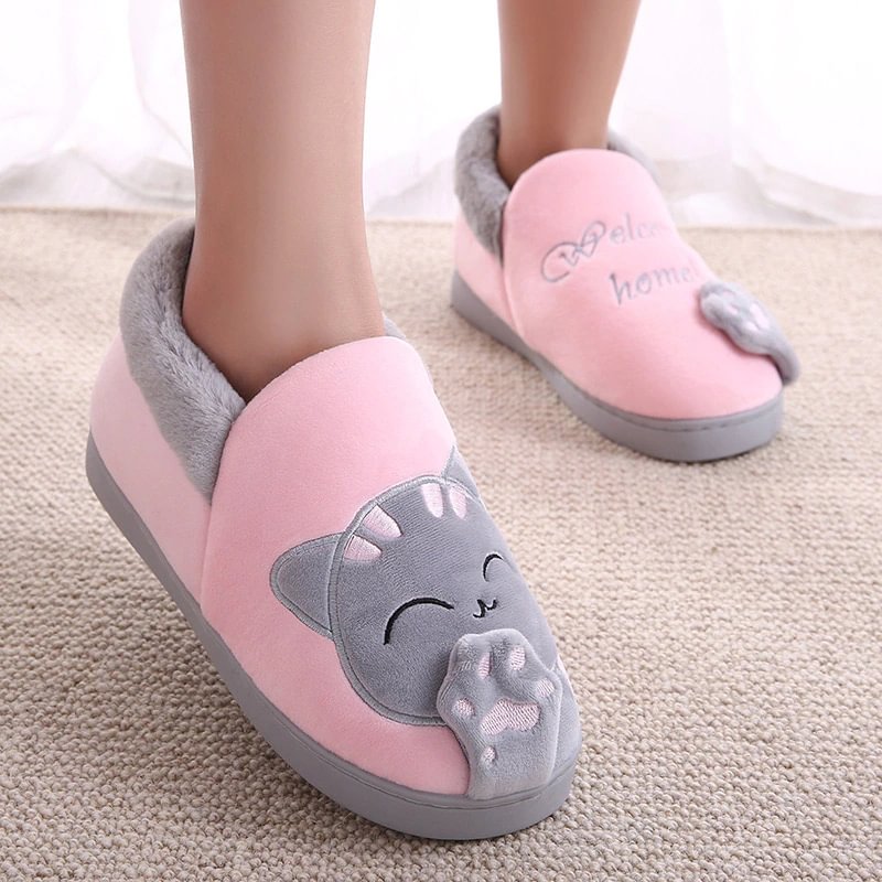 Qengg Women's Plush Slippers Winter House Shoes Women Warm Home Couple Shoes Female Cat Animal Ladies Slip On Flats Woman Plus Size 44