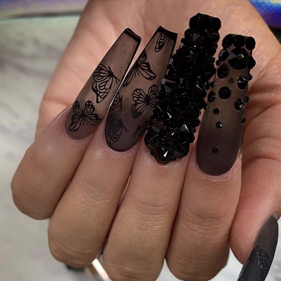 24Pcs Press On Nails Long Coffin Butterfly Wearable False Nails Full Cover French Ballet Fake Nails Black Rhinestone Art