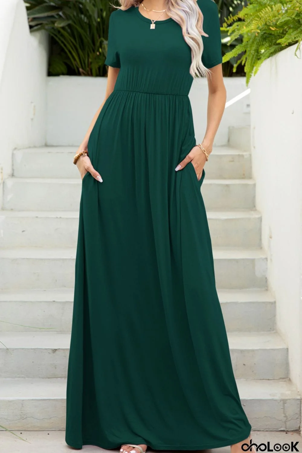 Round Neck Maxi Tee Dress with Pockets