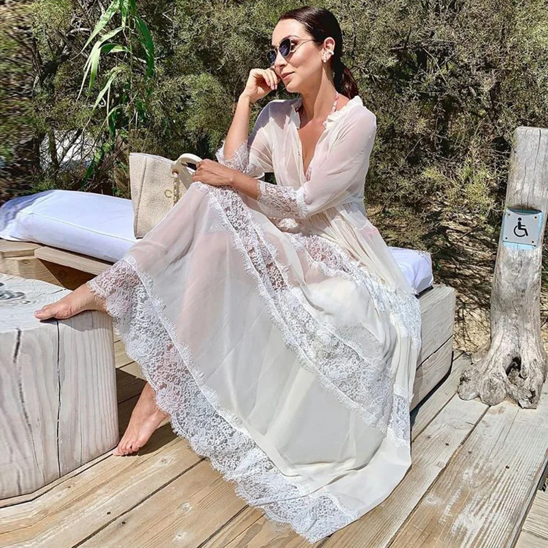 Uveng Uveng Chiffon Patchwork Lace Dress Loose Beach Blouse Mask Beach Robe Coat Women's Beach Sunscreen Shirt