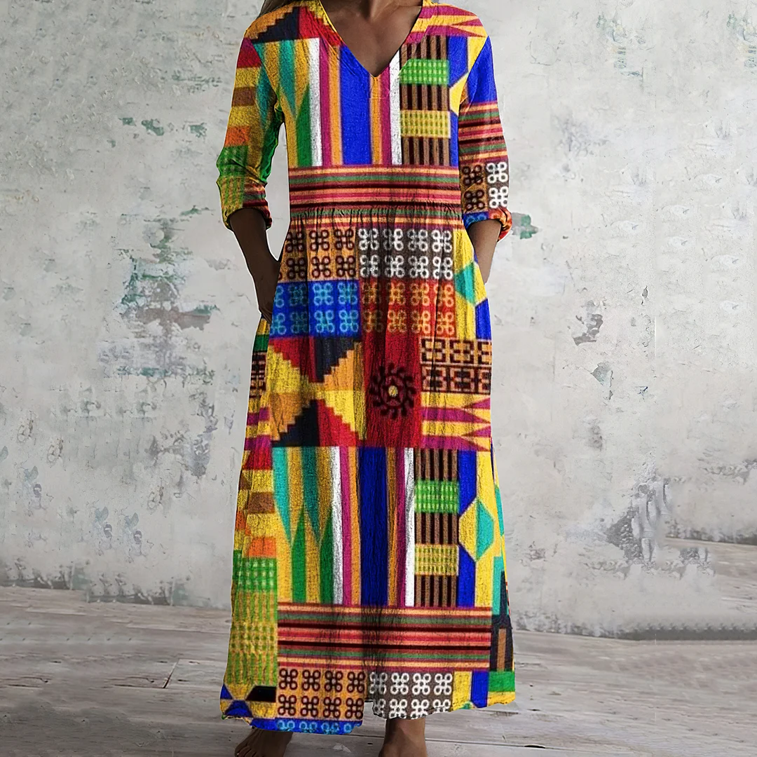 Women's Vintage Juneteenth Black Pride African Geometric Art Pattern Women's Linen Dress