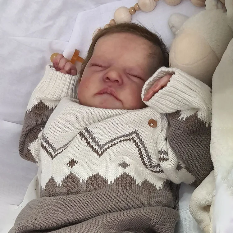 [New]20" Newborn Lifelike Sleeping Baby Doll Boy Olisin Hand-Rooted Brown Hair with Heartbeat💖 & Sound🔊