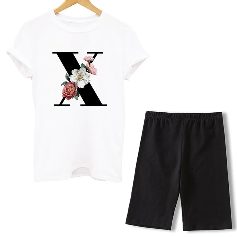 Women Two Piece Set Letter T Shirts And Shorts Sets Summer Short Sleeve O-neck Casual Biker Tracksuit Sexy Outfit For Woman 2