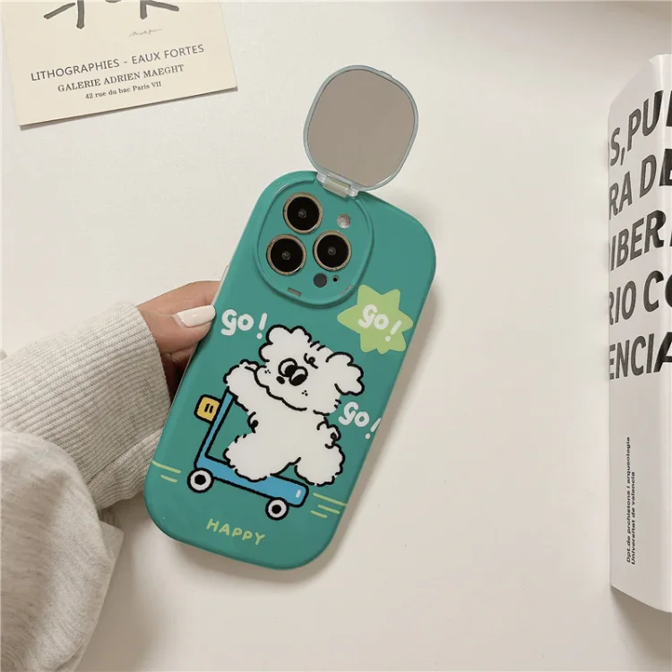 Green Skateboard Dog Phone Case With Hidden Mirror Stand