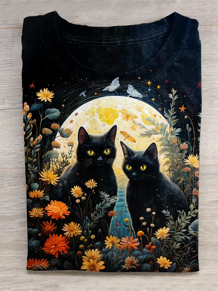 Unisex Floral Cat Art Print Casual T-Shirt