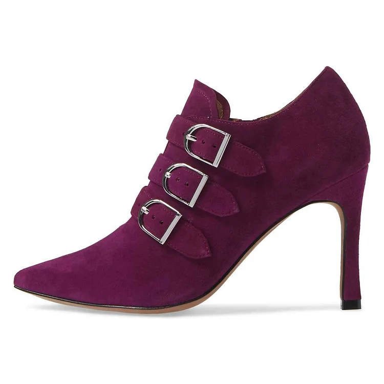 Burgundy Buckle Boots Pointy Toe Stiletto Heel Ankle Boots |FSJ Shoes