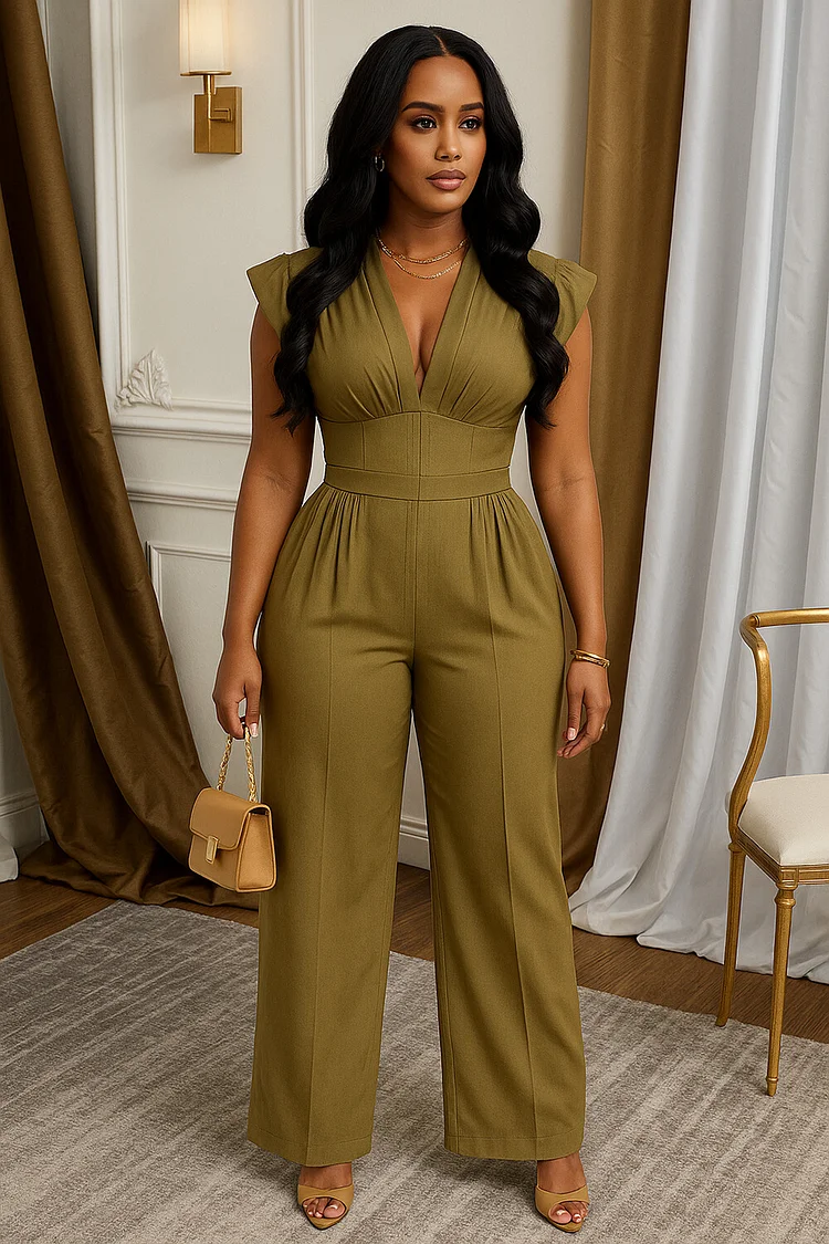 V Neck Sleeveless Cinch Waist Solid Wide Leg Jumpsuit-Orange