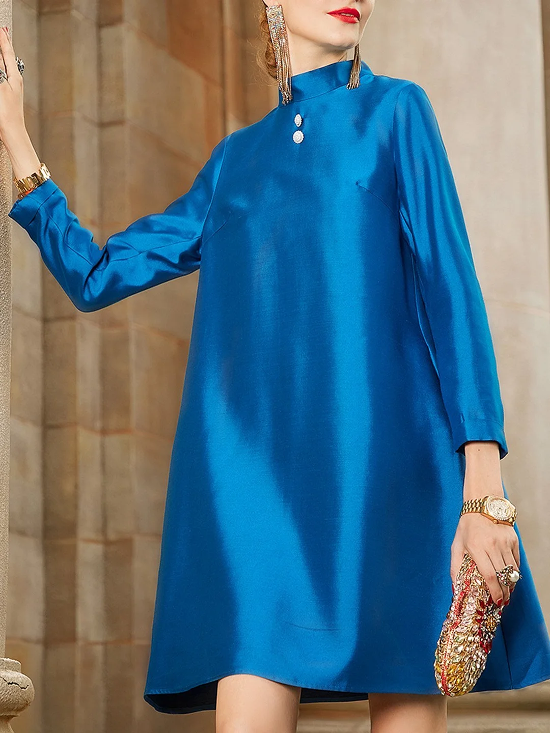 Stand Collar Blue Shift Elegant Mini Dress