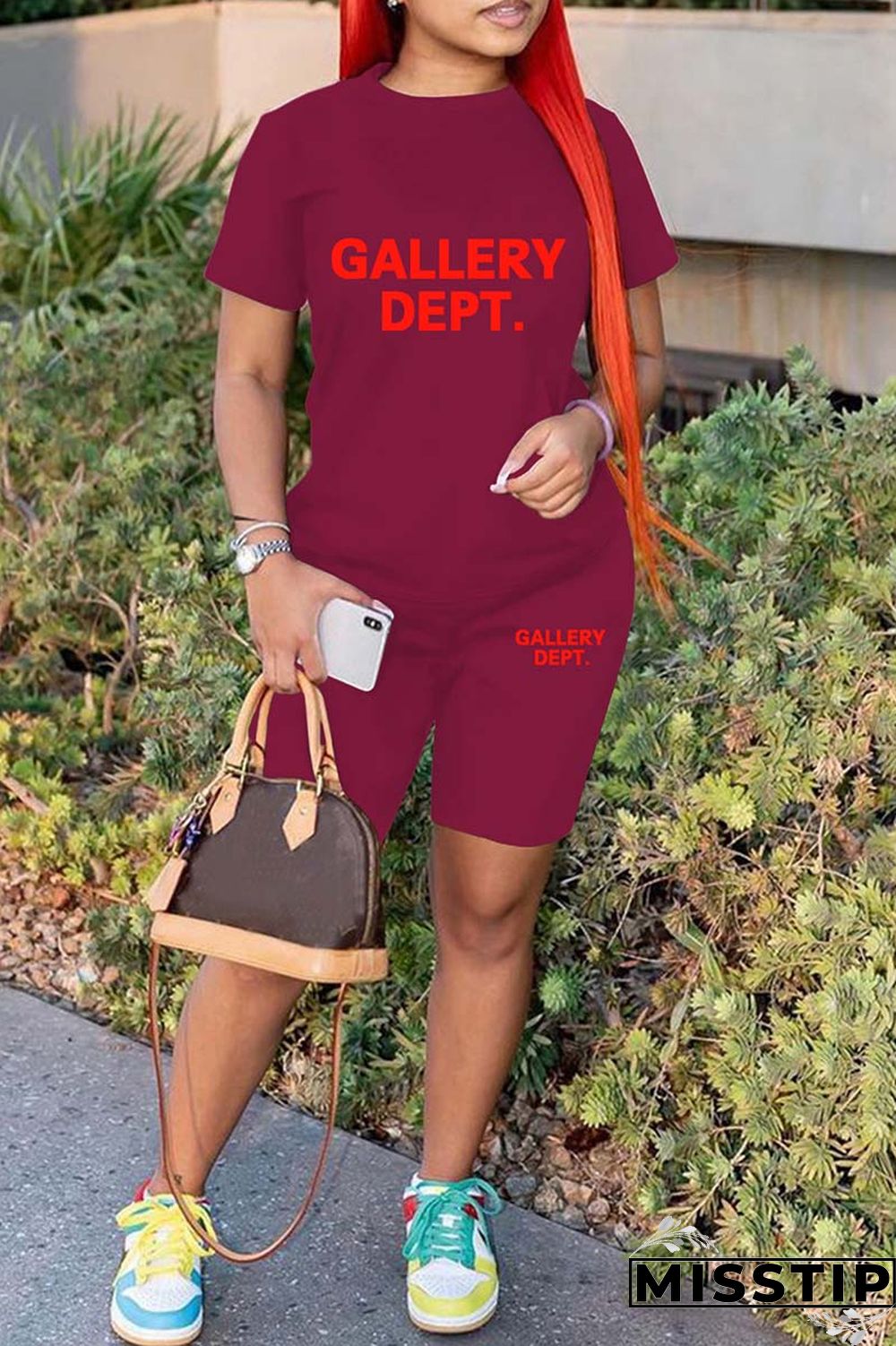 Green Casual Letter Print Basic O Neck Short Sleeve Two Pieces