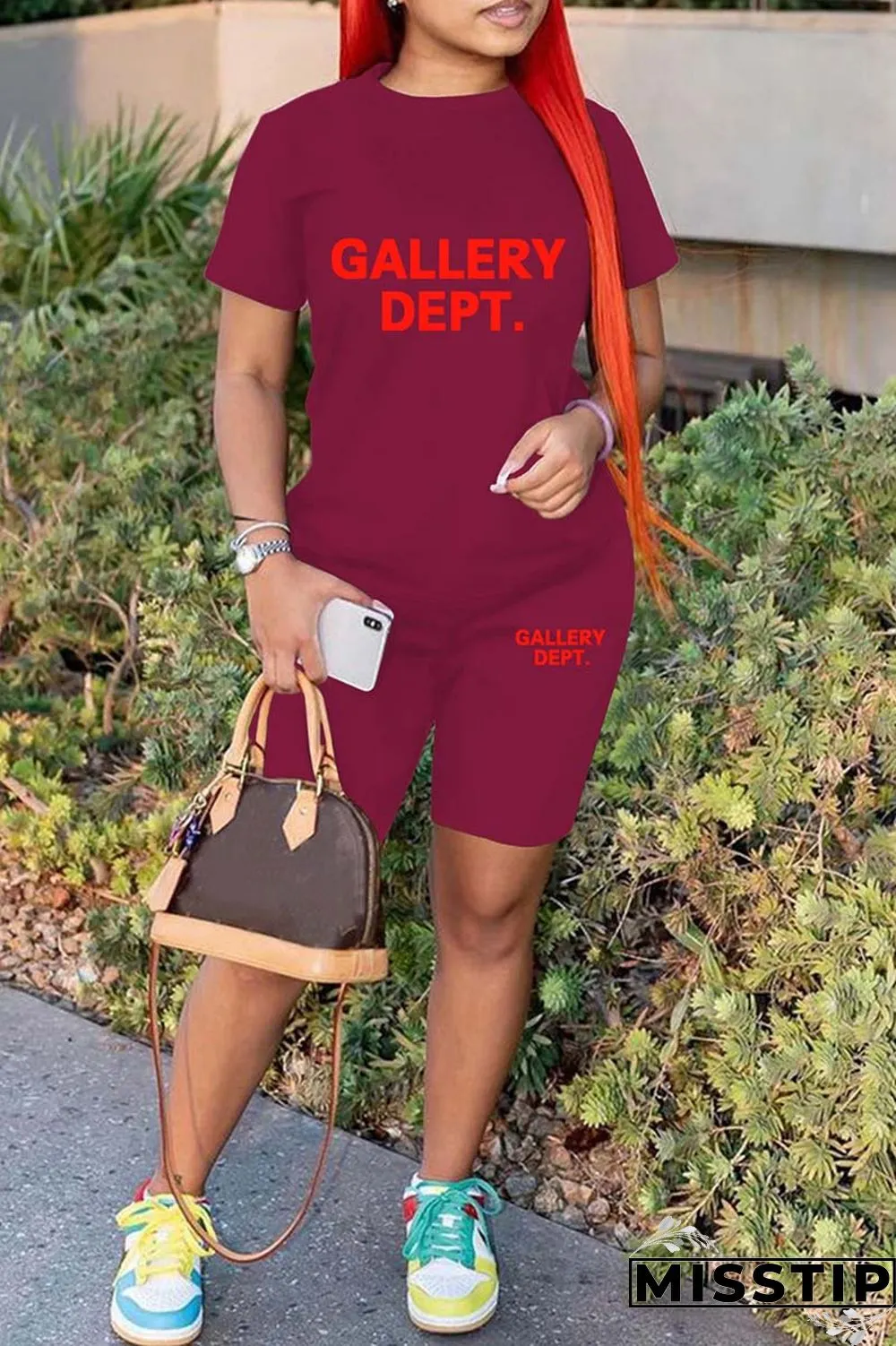 Green Casual Letter Print Basic O Neck Short Sleeve Two Pieces