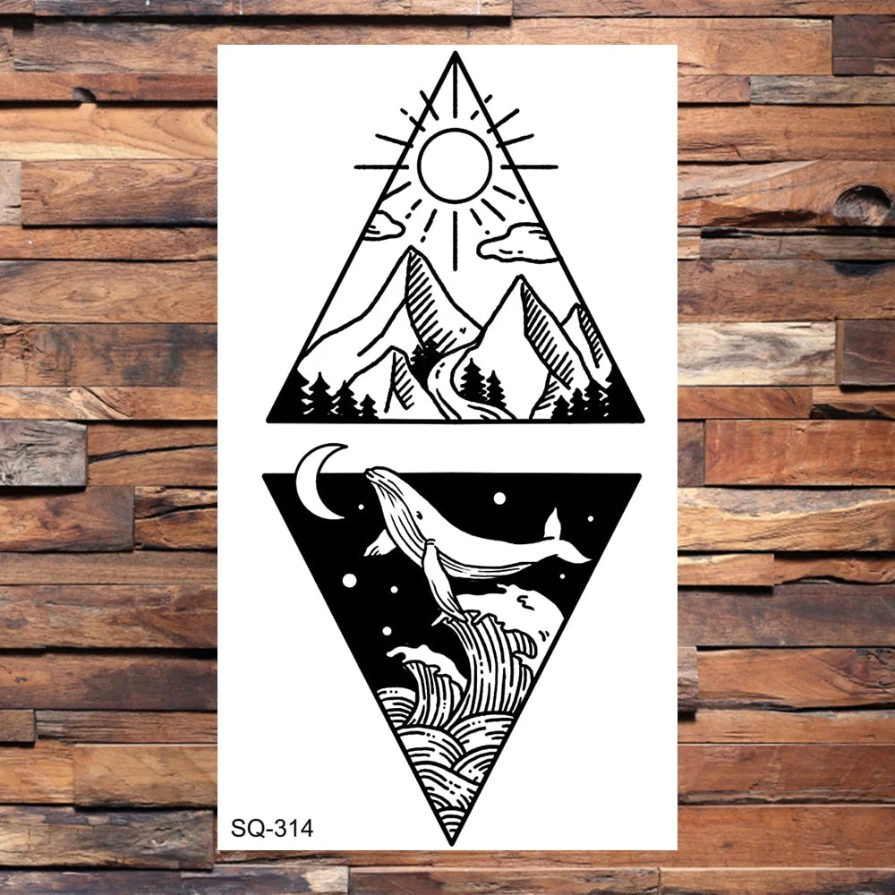 Small Forest Pine Tree Temporary Tattoos For Women Men Realistic Whale Mountain Sea Wave Fake Tattoo Sticker Arm Body Tatoos