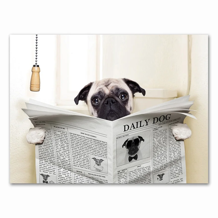 Dog Reading Newspaper Toilet Wall Art Canvas  Prints Funny Dog Painting Wall Picture Home Bathroom Decor Dogs Lover Gift