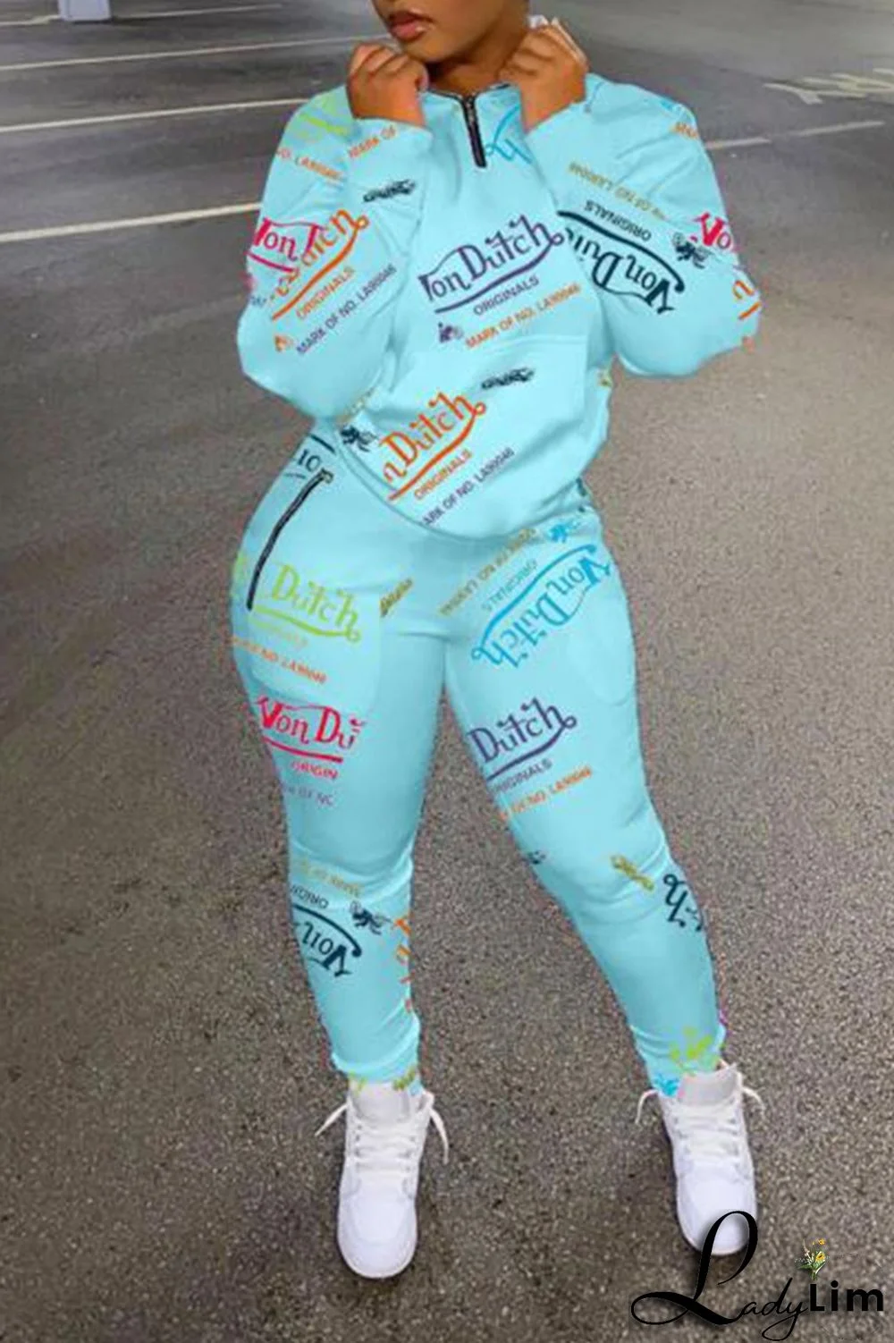 Letter & Graphic Print Zip Collar Sweatshirt & Pants Set