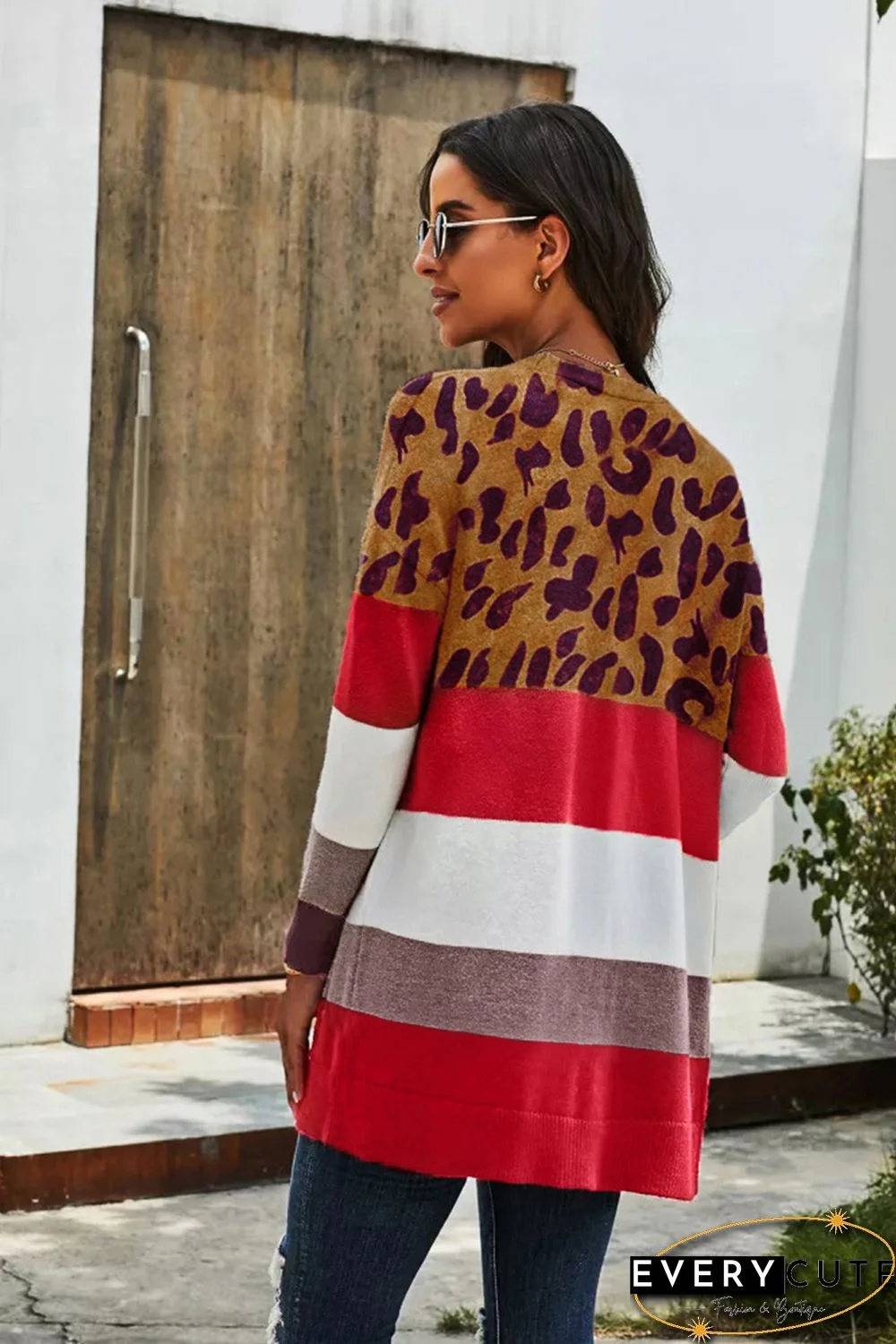 Leopard Color Block Pocketed Long Cardigan