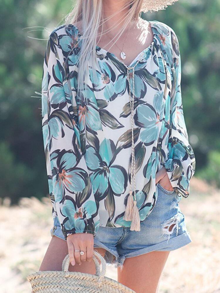 Bandage Floral Print Long Sleeve V neck Blouse For Women P1747353