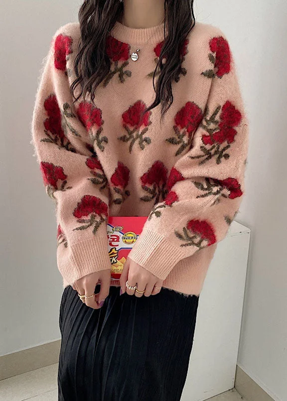 Cute Pink Floral Thick Ma Hai Mao Knit Sweaters Fall