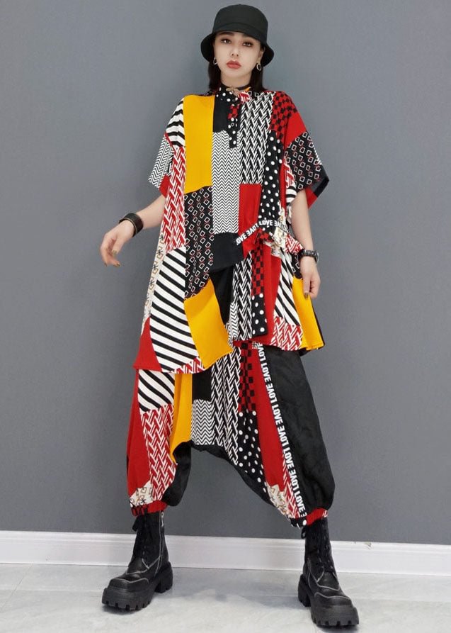 Streetwear Colorblock Patchwork Print Tops And Harem Pants Two Piece Outfit Summer