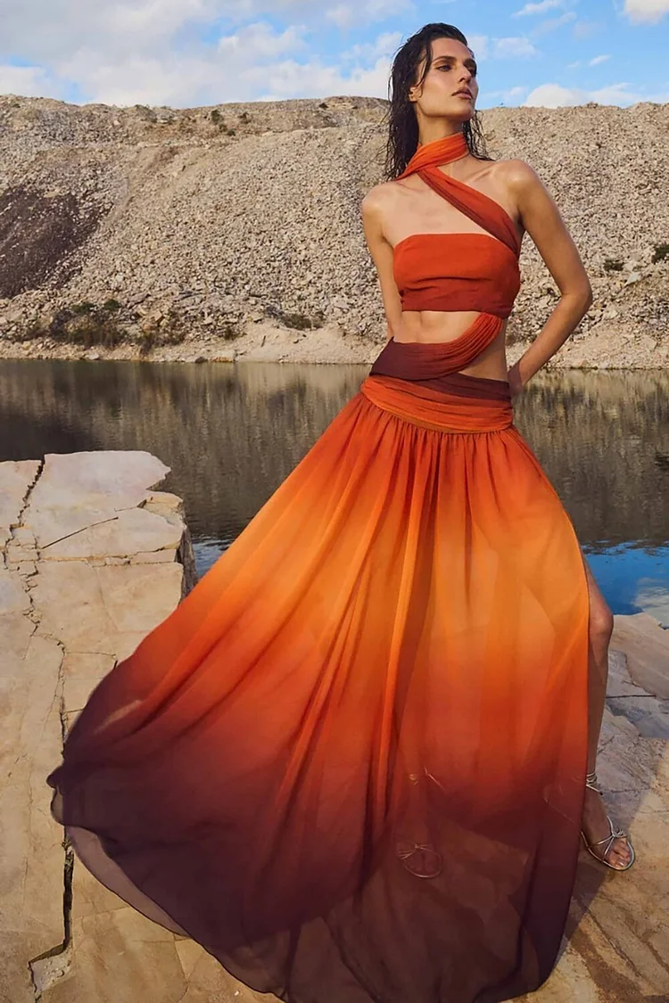 Halter Streamer Cutout Ombre Color Side Slit Maxi Dresses-Orange [Pre Order]