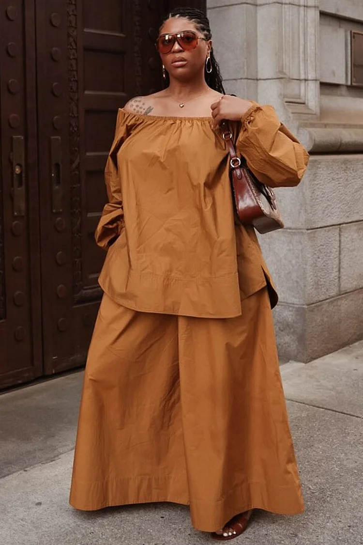 Off Shoulder Long Sleeve Top Loose-Fit Pants 2pcs Set-Brown [Pre Order]