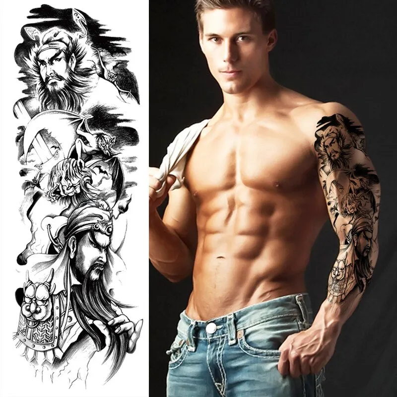 temporary tatoo men large waterproof temporary arm sleeve tattoo black robot mechanical tattoos tribal lion head king fox design