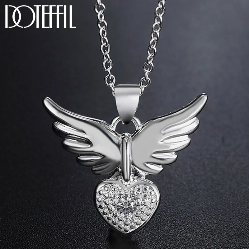 DOTEFFIL 925 Sterling Silver 18 Inch AAA Zircon Love Heart Wings  Pendant Necklace For Women Jewelry