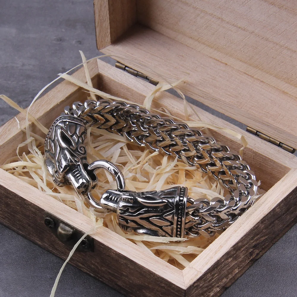 Christmas Gift Never Fade Rock Viking Dragon Charm Bracelet Men's Stainless Steel Mesh Chain Gold Wolf Punk Bracelets Biker Jewelry