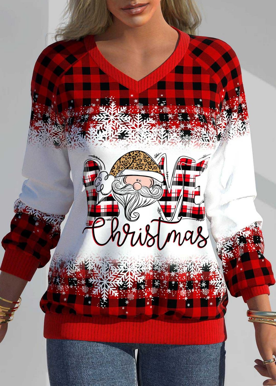 Love Christmas Plaid Printed Crew Neck Women's Sweatshirt