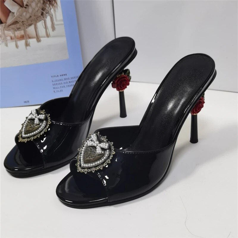 VCSHOES Love-Heart Buckle Decor Sandals Women Carved Rose Strange High Heel Slingbacks Peep Toe Runway Mules