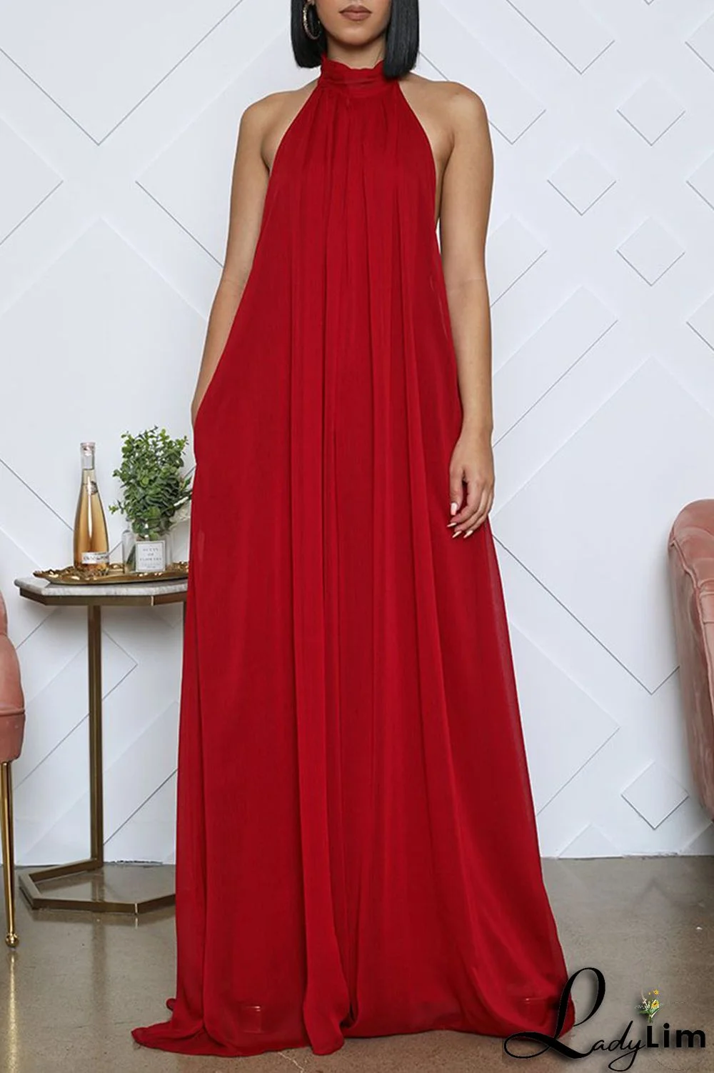 Yellow Elegant Solid Patchwork Backless Halter Straight Jumpsuits