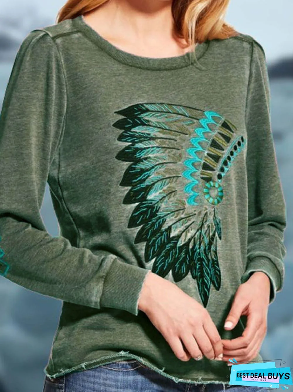 Round Neck Cotton-Blend Long Sleeve Color-Block Shirts & Tops