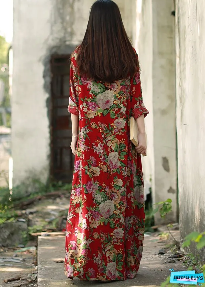 Vintage Dark Red O-Neck Pocket Print Cotton Long Dresses Long Sleeve (Limited Stock)