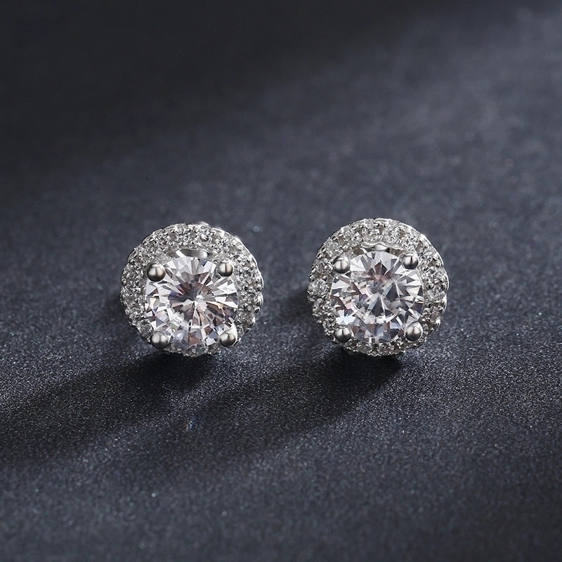 1 Pair 925 Sterling Silver Zircon Round Ear Studs