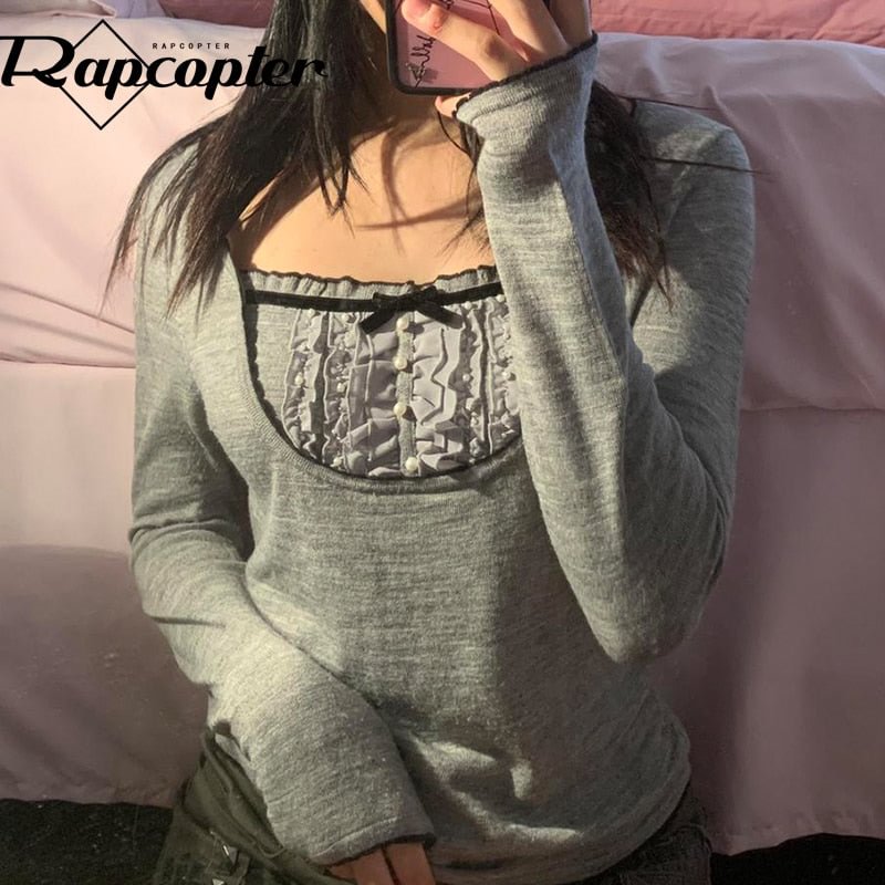 Rapcopter Y2K Grey Sweaters Frill Pearl Sweet Cute Jumpers Prepply Full Sleeve Bow Pullovers Women Vintage Grunge Knitwear Chic