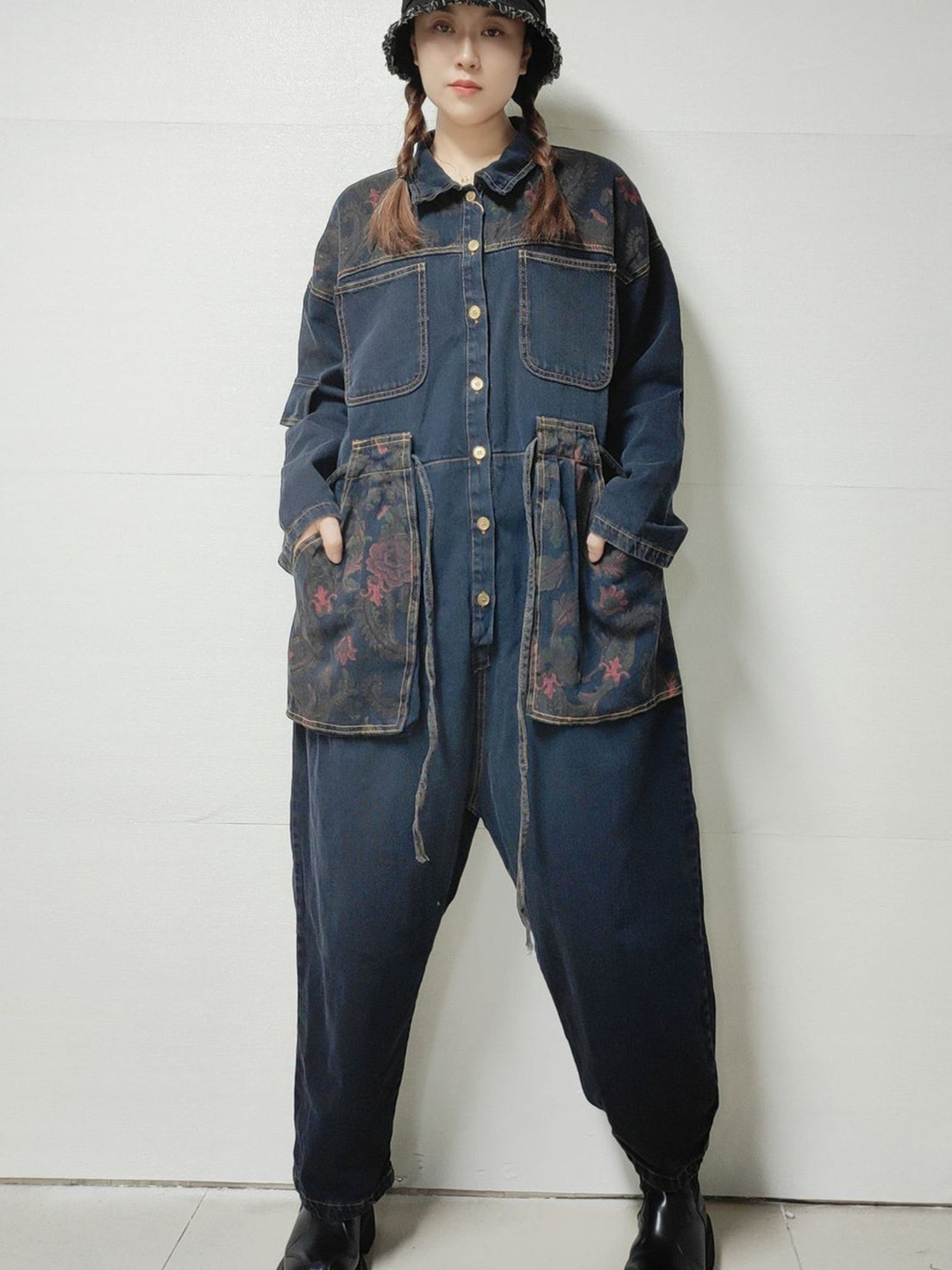 Women's Floral Printed Gradient Casual Retro Wide-leg Workwear Denim Overalls Jumpsuit