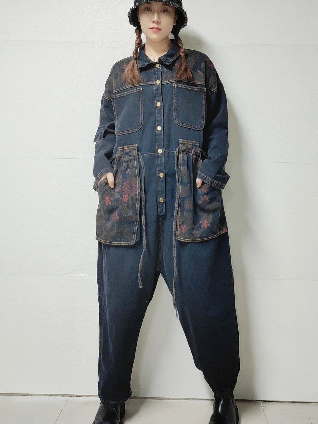 Women's Floral Printed Gradient Casual Retro Wide-leg Workwear Denim Overalls Jumpsuit