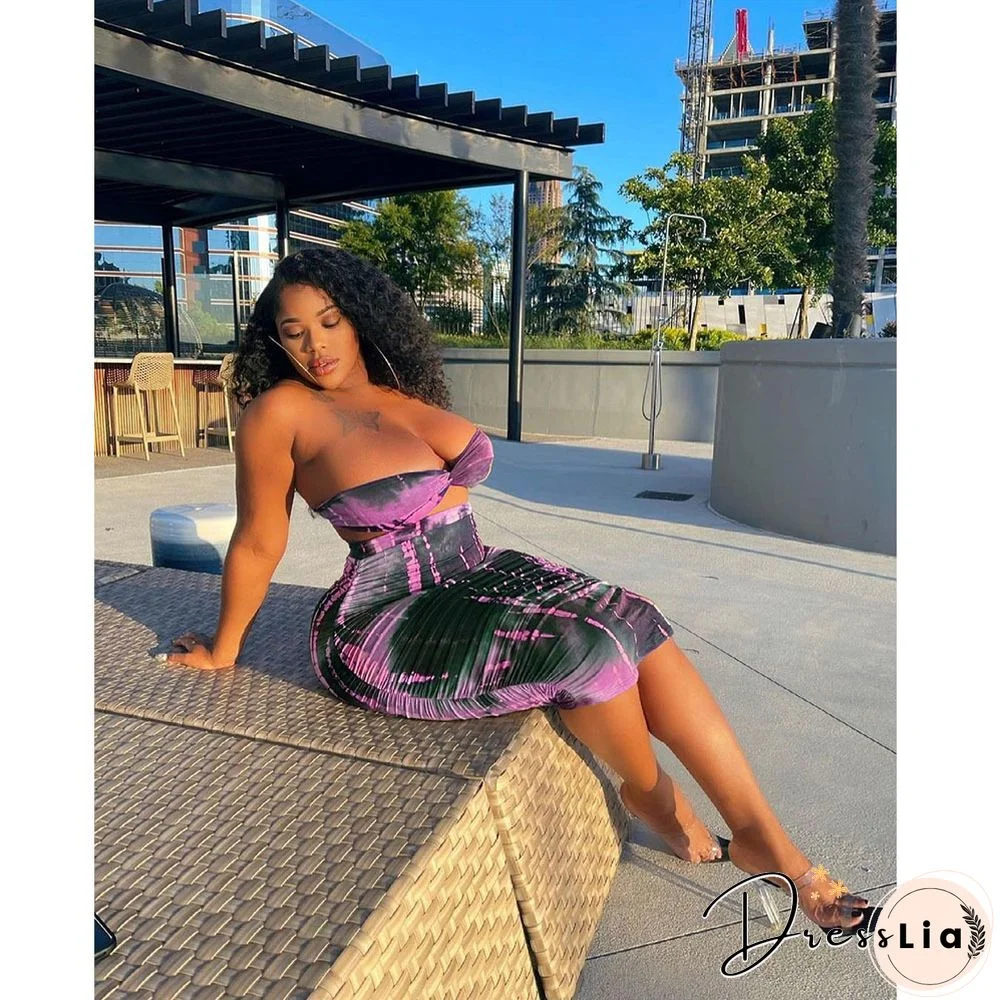 Summer Tie Dye Plus Size Fashion Clubwear Strapless Crop Top Maxi Skirts Women Sexy Two Piece Set