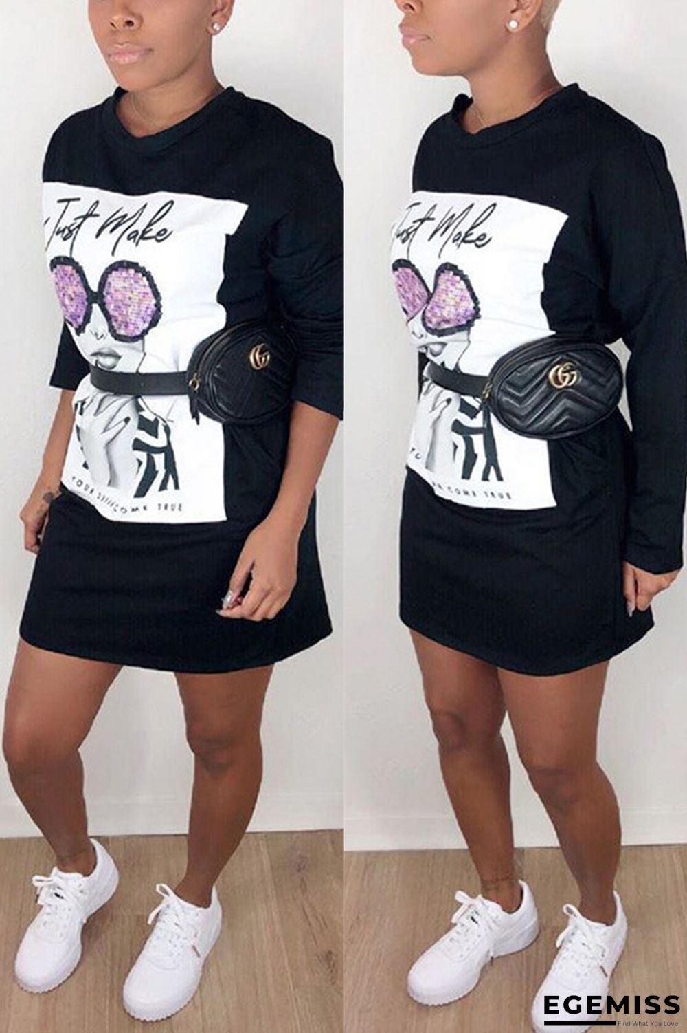Black Casual Fashion adult Cap Sleeve Long Sleeves O neck Step Skirt Mini Print Long Sleeve Dre | EGEMISS