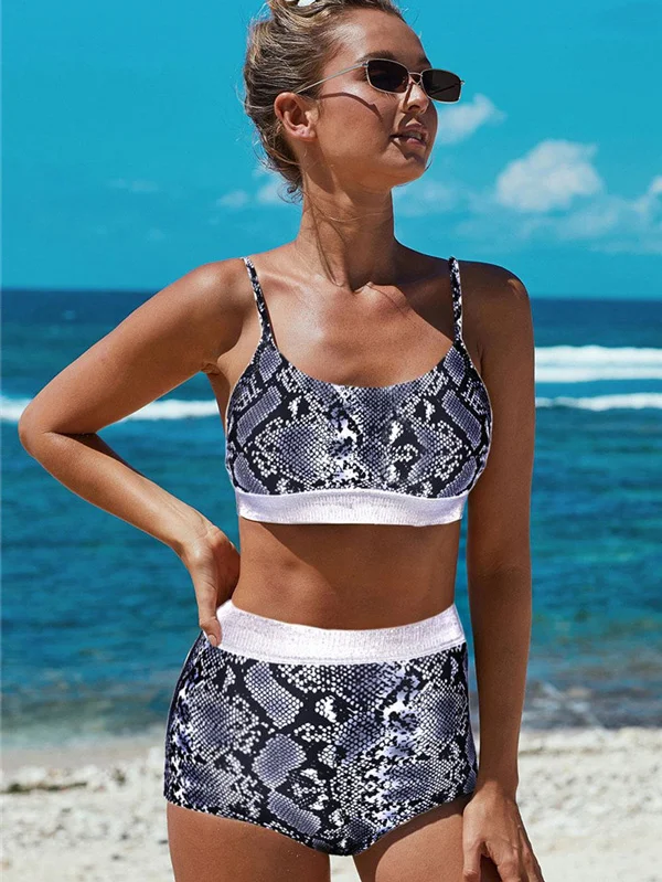 Snake-Print Spaghetti-Neck Bralette High-Waisted Bikini Swimwear