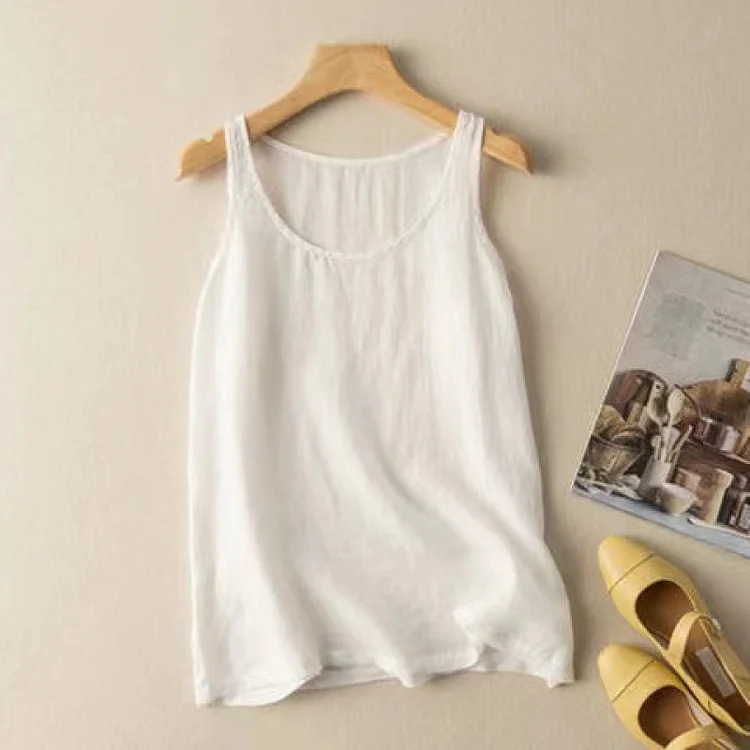Women's Cotton Linen Tank Top Solid Crew Neck Sleeveless Vest