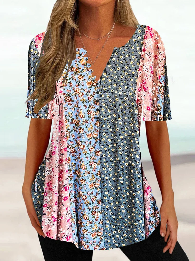 Women Half Sleeve V-neck Floral Printed Button Tops