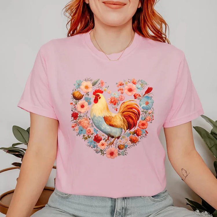 VChics Women's Sweet Floral Chicken Casual T-Shirt