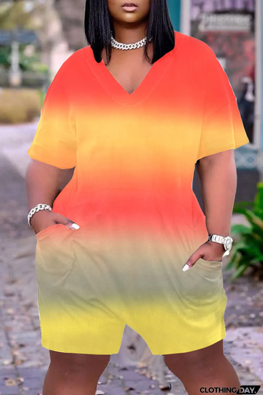 Pink Casual Gradual Change Print Tie-dye O Neck Loose Jumpsuits