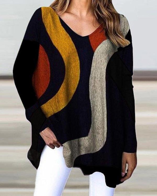 Long Sleeve Geometric Designs Loose Casual Women's T-shirt