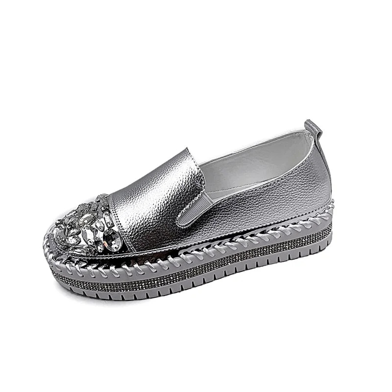 2022 New Silver Crystal Flat Shoes Woman Comfortable PU Leather White Casual Shoes Women Platform Slip On Loafers Bling