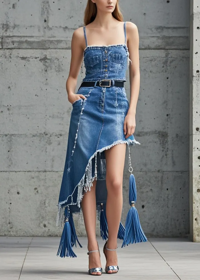 Washed Blue Denim Asymmetrical Green Feather Trim Skirt