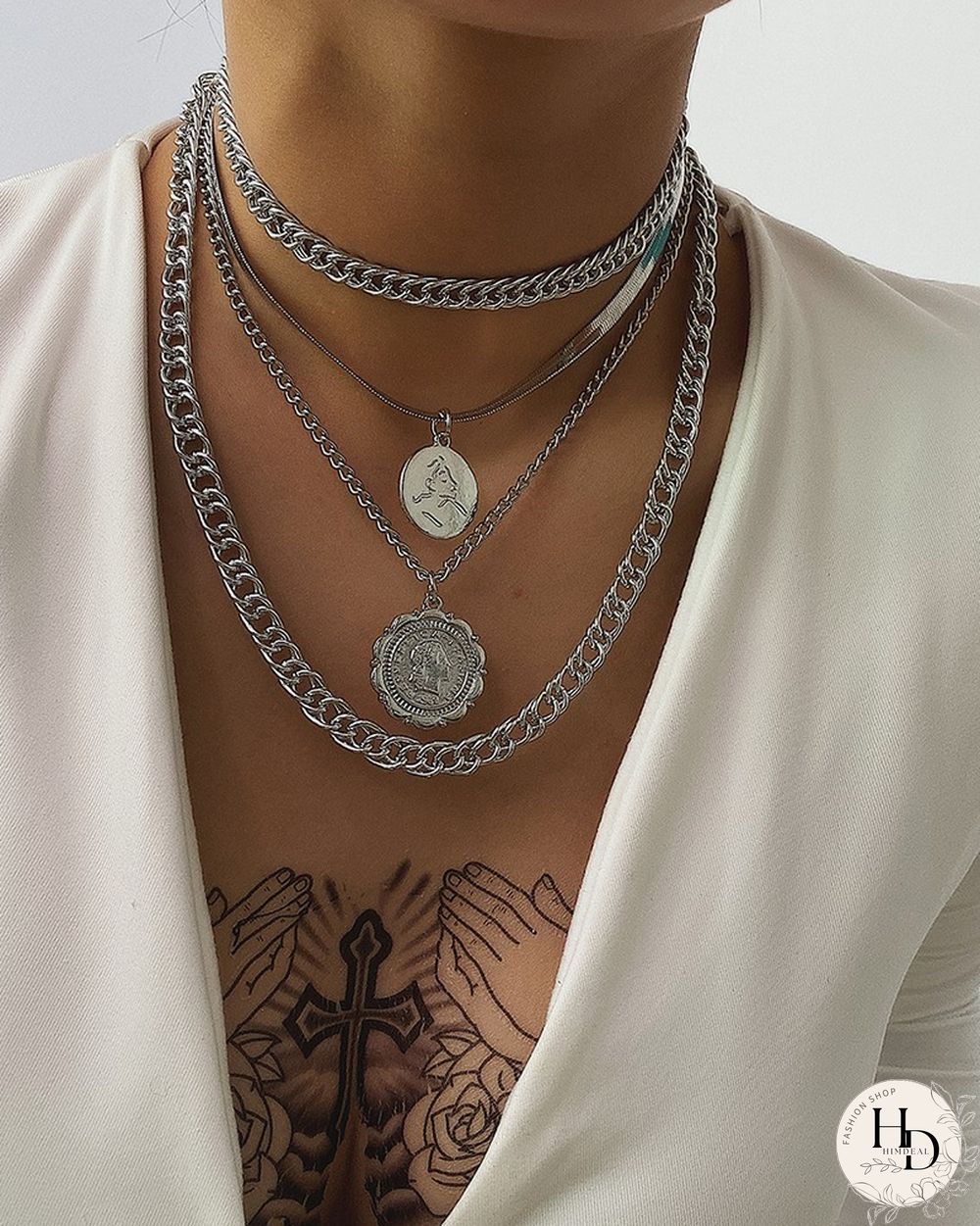 Soild Color Hip-hop Metalic Round Lace Tag Chain Necklace