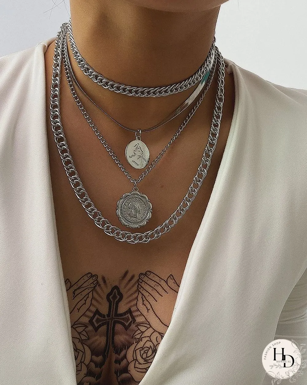 Soild Color Hip-hop Metalic Round Lace Tag Chain Necklace