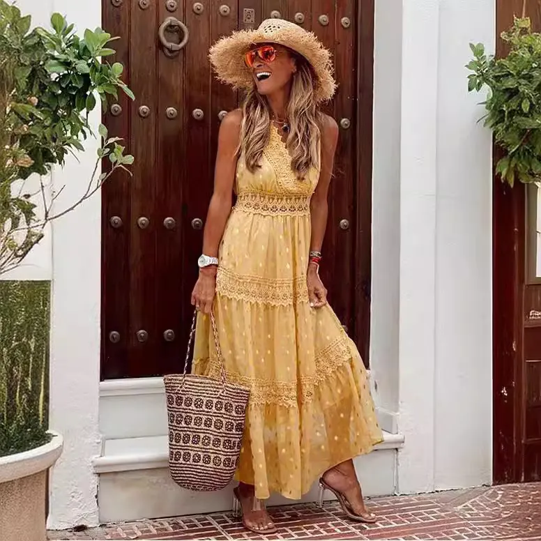 Uveng Uveng New Women's Dress Wish Sexy Deep V Sleeveless Chiffon Dress Splicing Mid-Long Dress