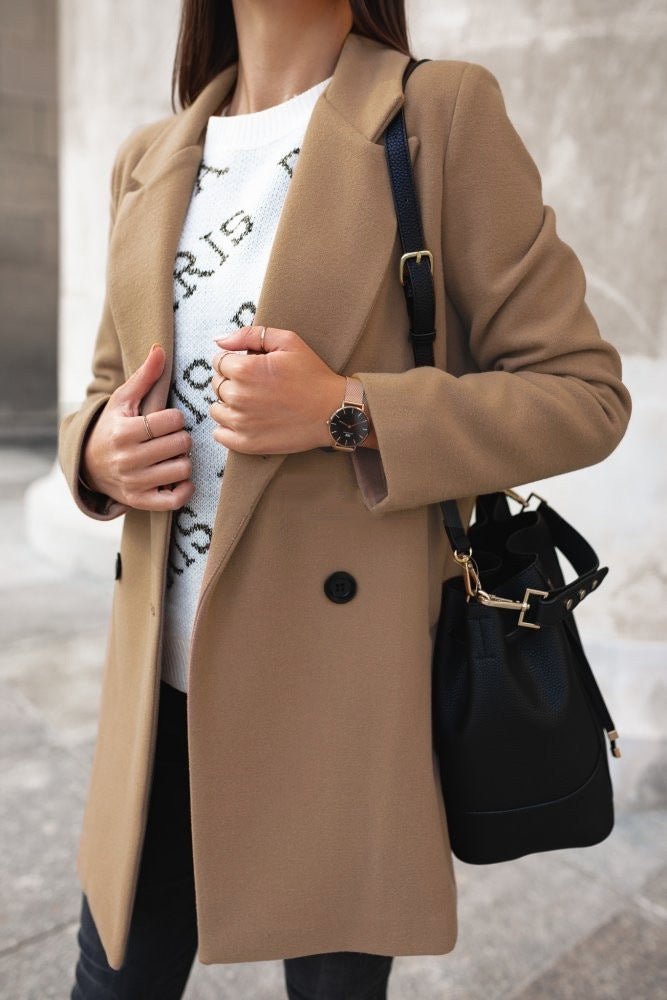 Autumn and Winter Solid Color Long Sleeve Double-Row Button Suit Collar Woolen Coat Women