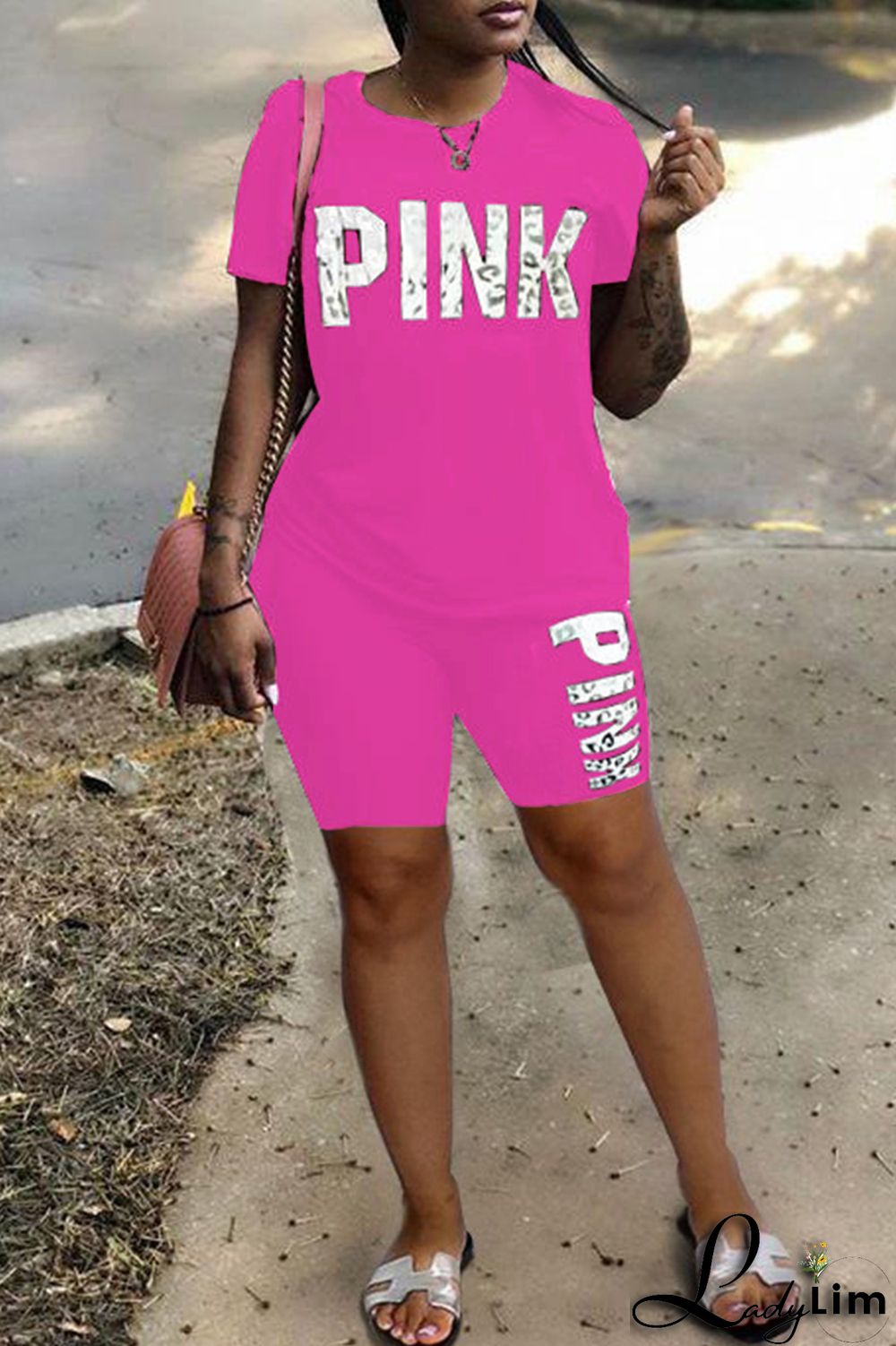 Rose Red Fashion Casual Letter Print Patchwork O Neck Short Sleeve Plus Size Two Pieces